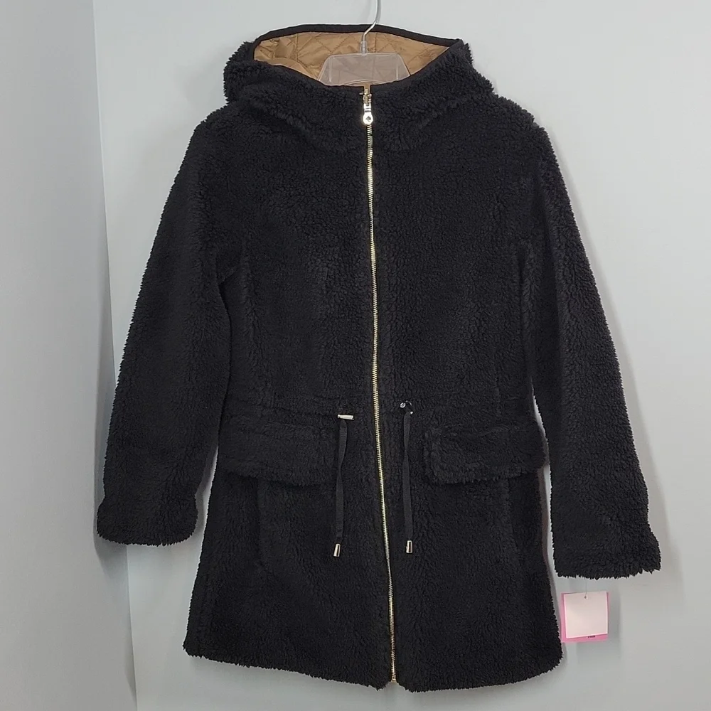 Kate Spade Reversible Black Sherpa Teddy Jacket Cinch Waist Coat XS x- small